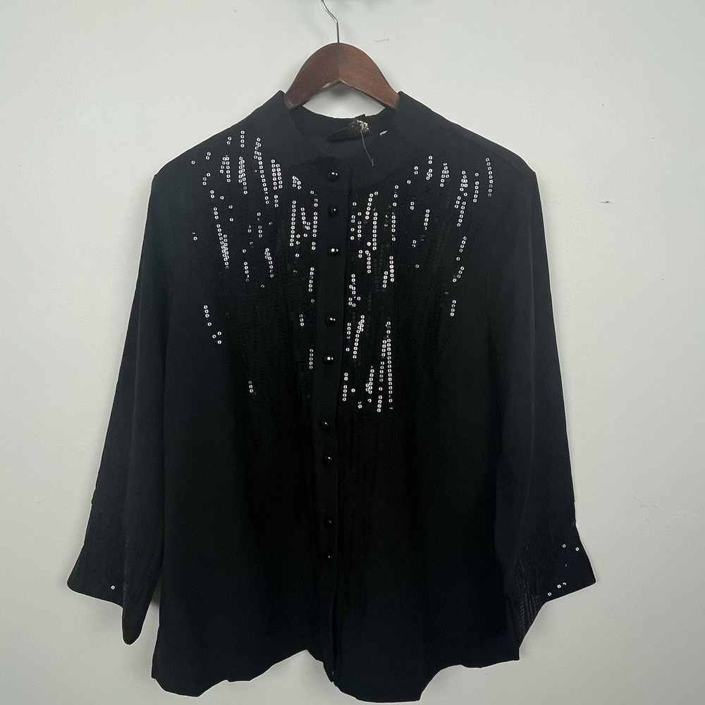 Bob Mackie NWT Sequin Button Front Blouse L Black Mob Wife Maximalist